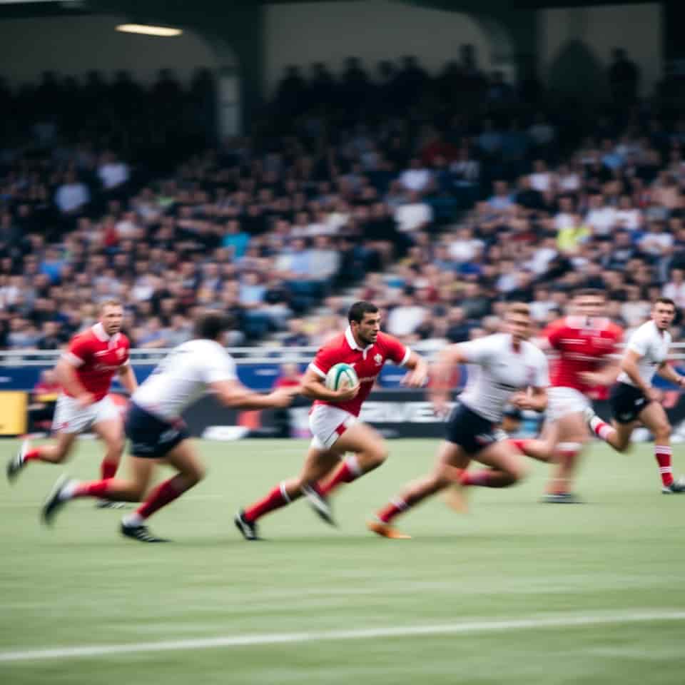Packed rugby stadium on match day